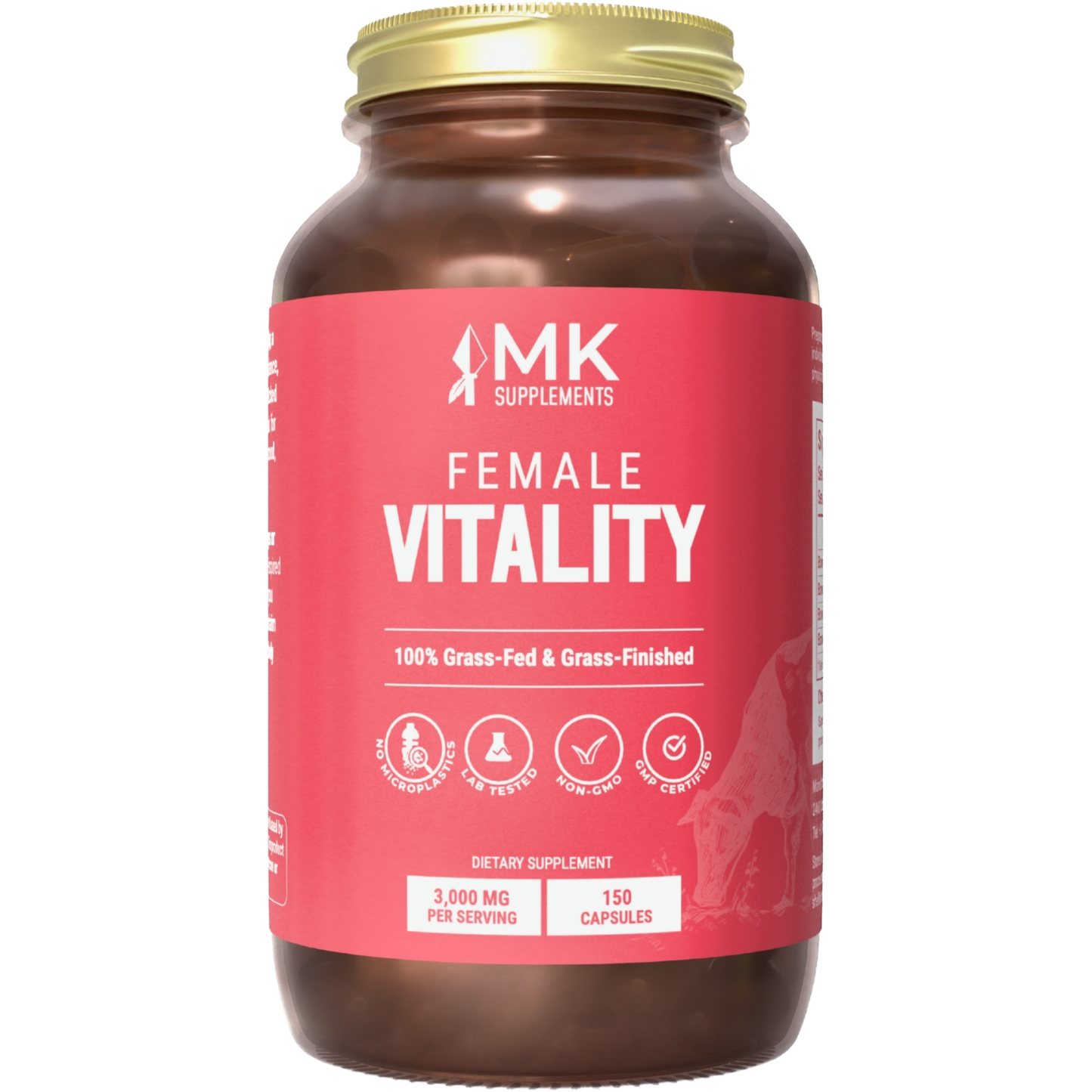 A bottle of MK Supplements Female Vitality, which appears to be a brown supplement capsule container with a gold lid. The label indicates that the product is sourced from 100% grass-fed, grass-finished cattle and contains 3,000 mg per bottle with 150 capsules.