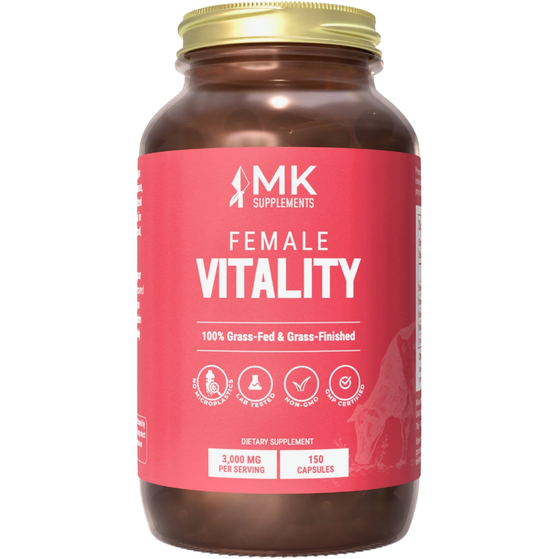 A bottle of MK Supplements Female Vitality, which appears to be a brown supplement capsule container with a gold lid. The label indicates that the product is sourced from 100% grass-fed, grass-finished cattle and contains 3,000 mg per bottle with 150 capsules.