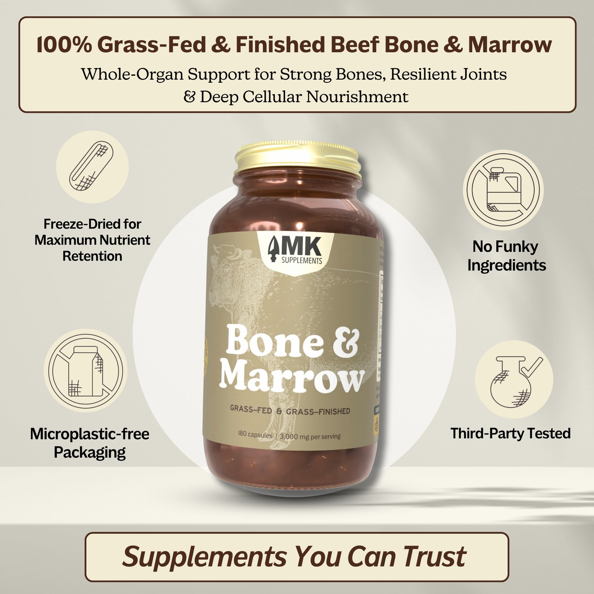 MKS Bone & Marrow supplement bottle with product features on a beige background