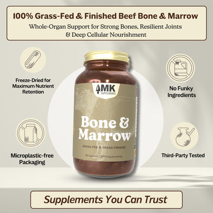 MKS Bone & Marrow supplement bottle with product features on a beige background