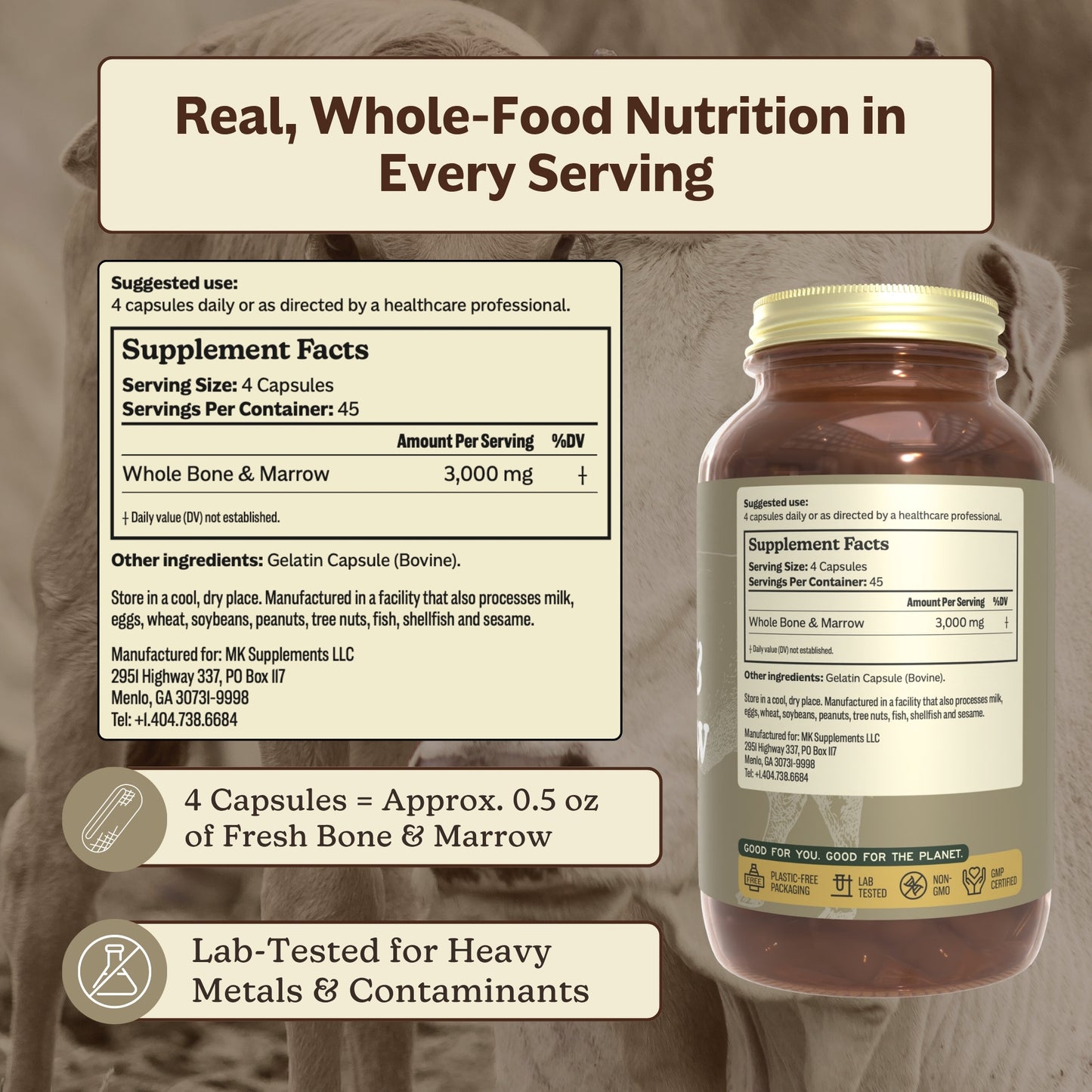 A bottle of bone and marrow capsules shown with a large Supplement Facts panel and marketing text on a brown horse background. The bottle has a gold cap and a mostly dark label with a yellow-green logo at the bottom.