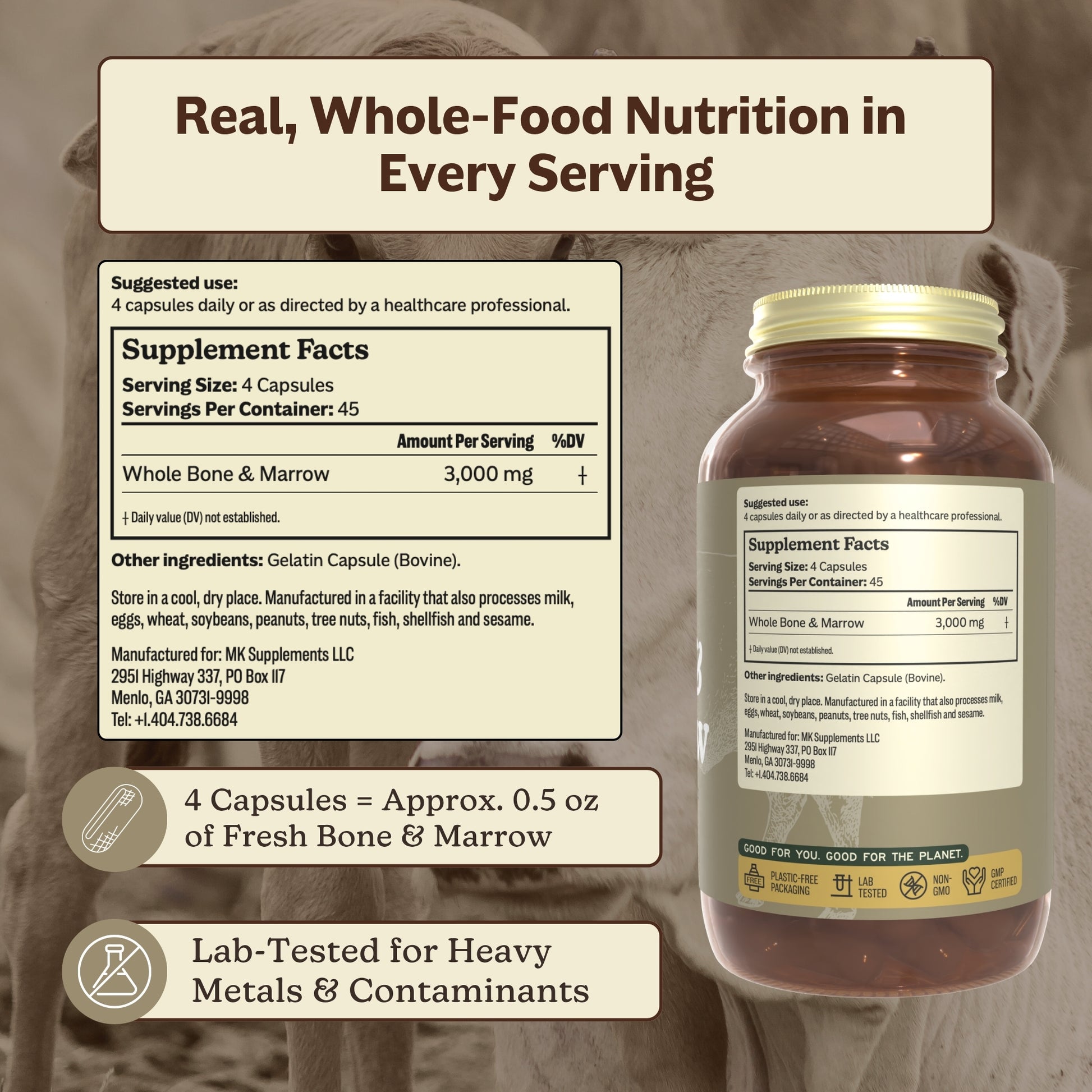 A bottle of bone and marrow capsules shown with a large Supplement Facts panel and marketing text on a brown horse background. The bottle has a gold cap and a mostly dark label with a yellow-green logo at the bottom.