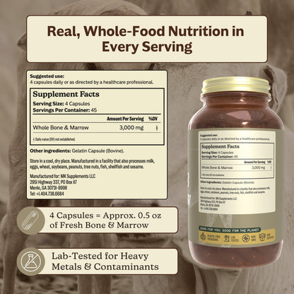 A bottle of bone and marrow capsules shown with a large Supplement Facts panel and marketing text on a brown horse background. The bottle has a gold cap and a mostly dark label with a yellow-green logo at the bottom.