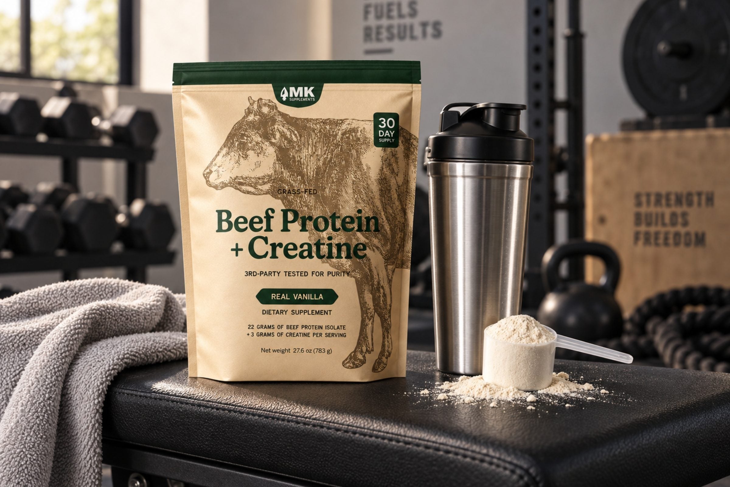 A scoop of vanilla Beef Protein + Creatine powder being added to a shaker bottle