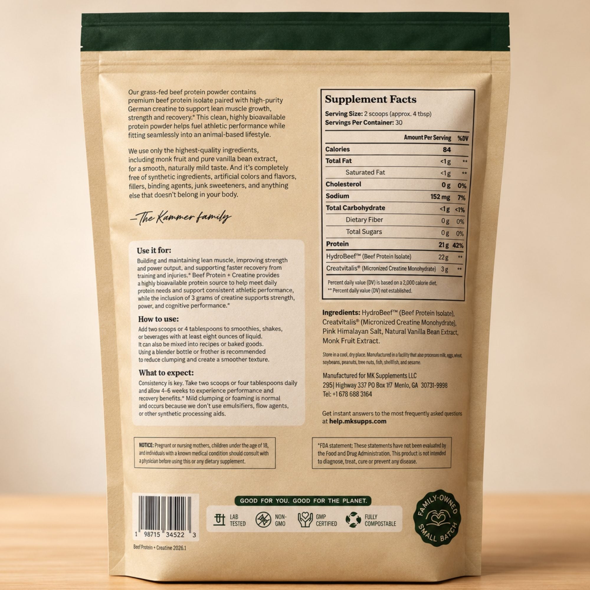 Back of the Beef Protein + Creatine pouch showing the Supplement Facts panel